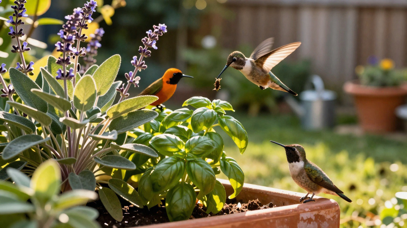 Two hummingbirds and an orange bird near a herb garden in a terracotta planter outdoors.