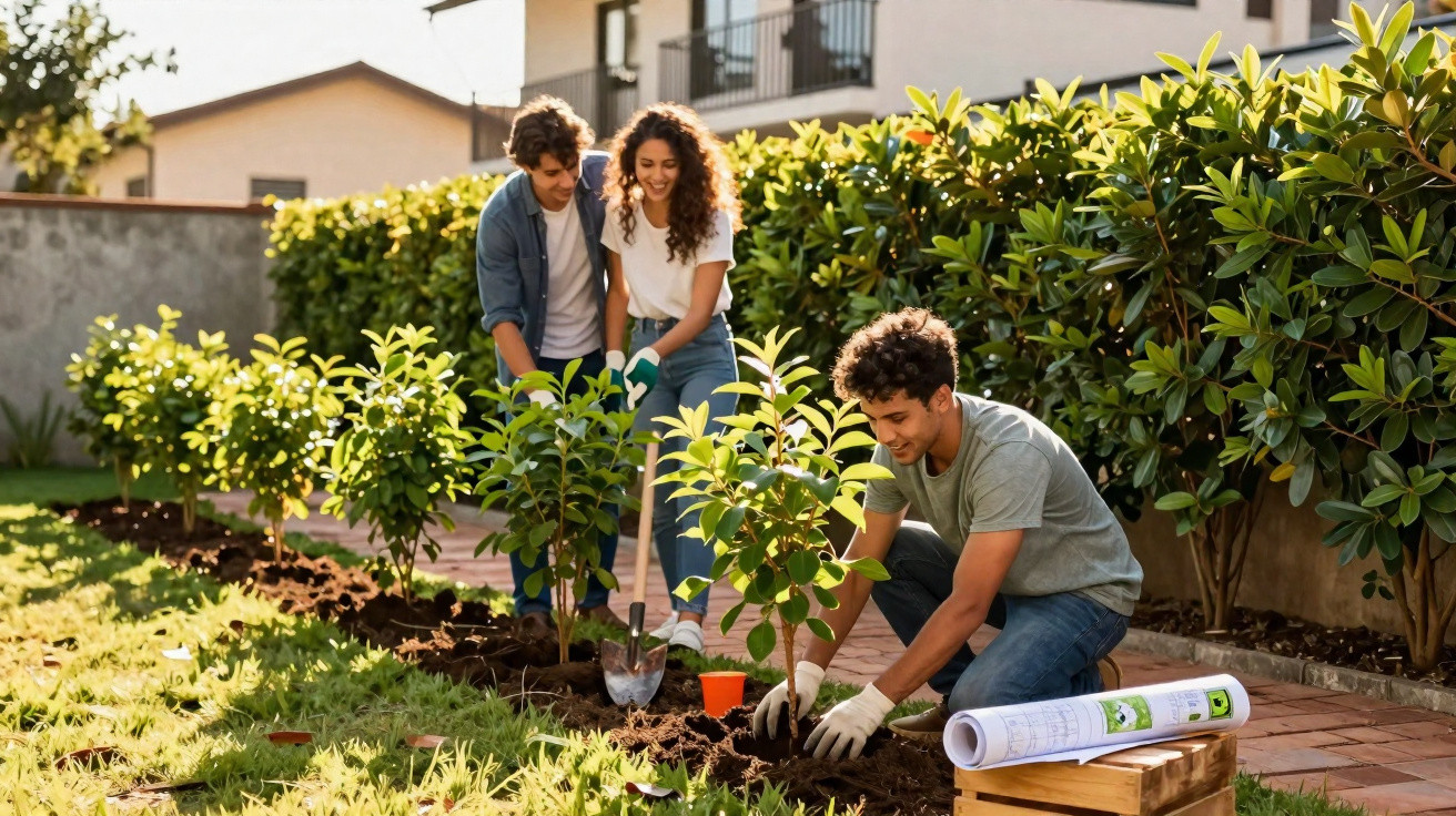 Three young adults planting saplings in a garden beside a brick path on a sunny day.