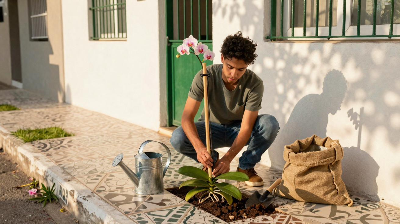 Young man planting an orchid outside a building with gardening tools and a watering can nearby.