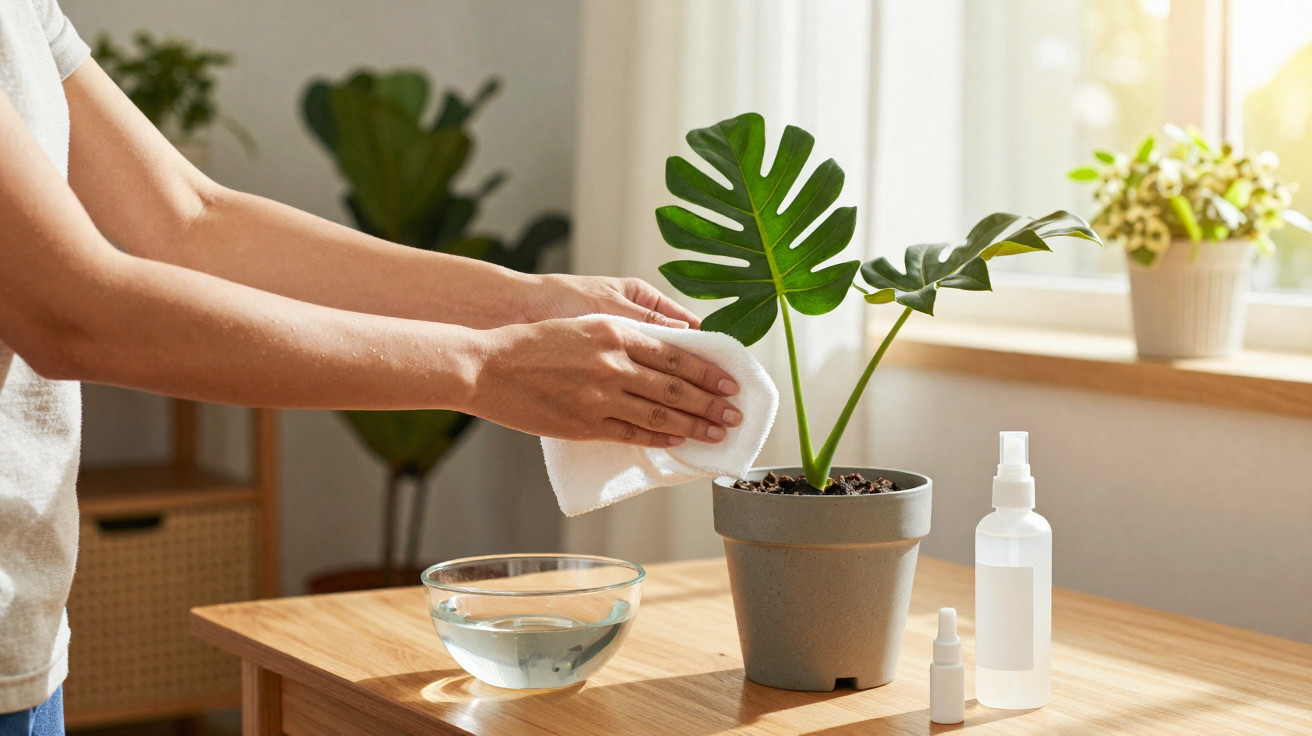 Person cleaning large green leaves of a potted plant on a wooden table by a bright window.