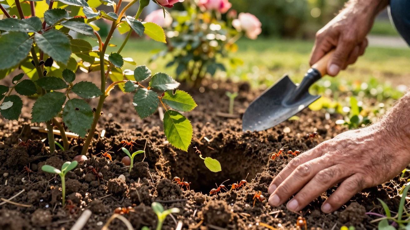 Close-up of a person digging soil near a rose bush with many red ants around the hole in a garden.
