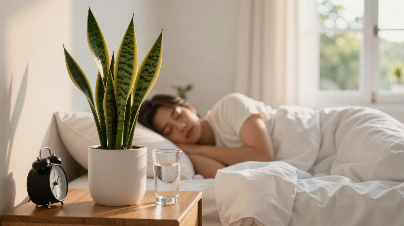 Potted snake plant, glass of water, and alarm clock on bedside table with person sleeping in bed behind.