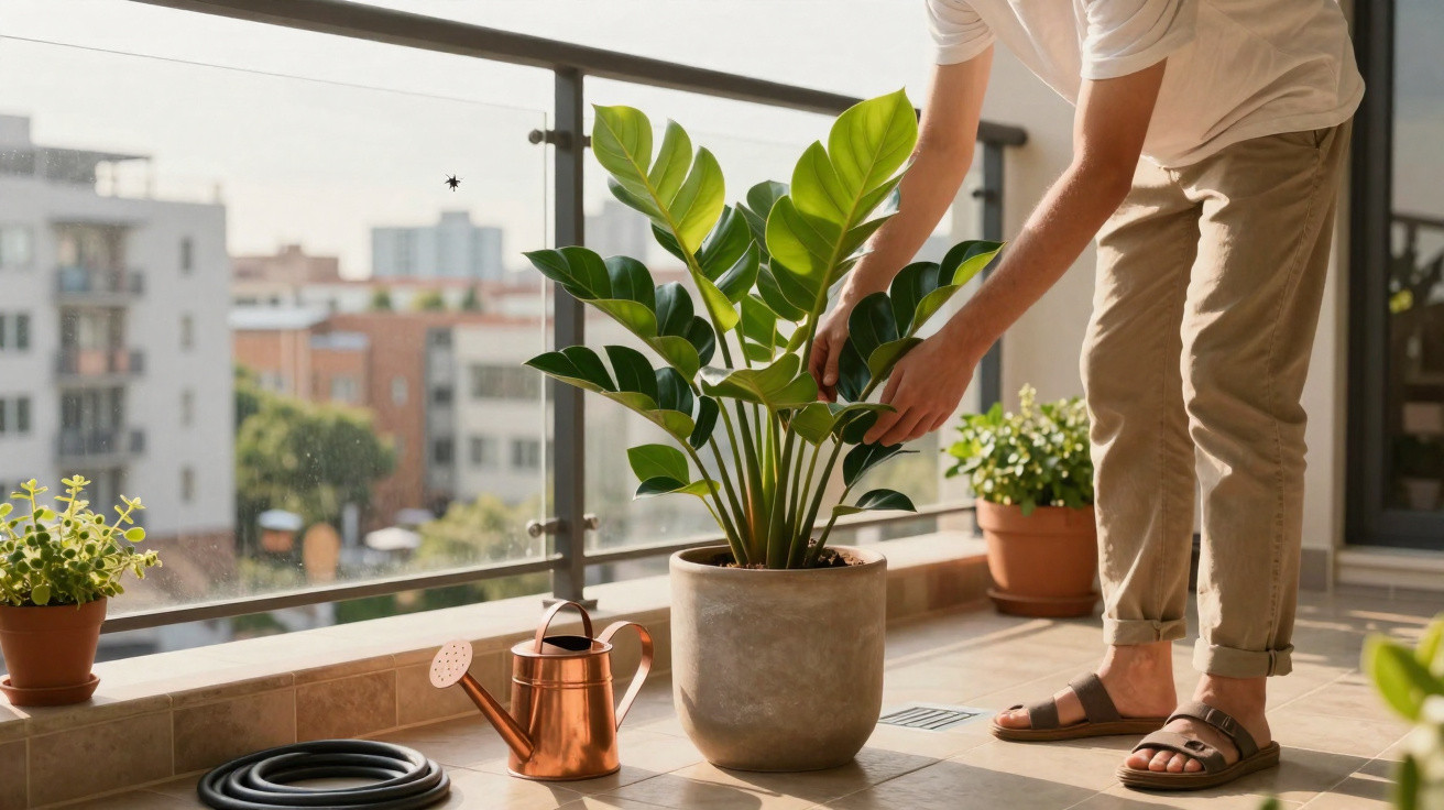Person tending to a large green plant in a grey pot on a sunny balcony with city buildings in the background.
