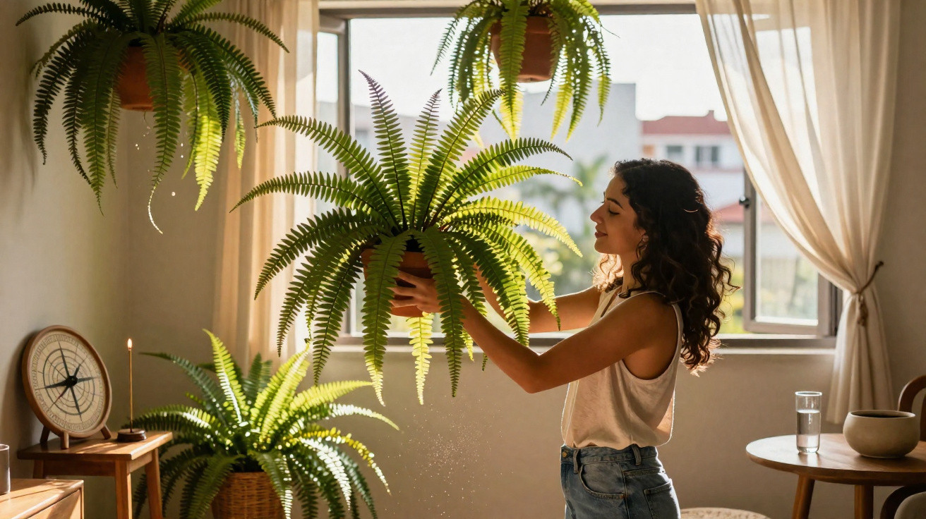 Woman tending to a large fern plant in a sunlit room with several other green plants and beige curtains.