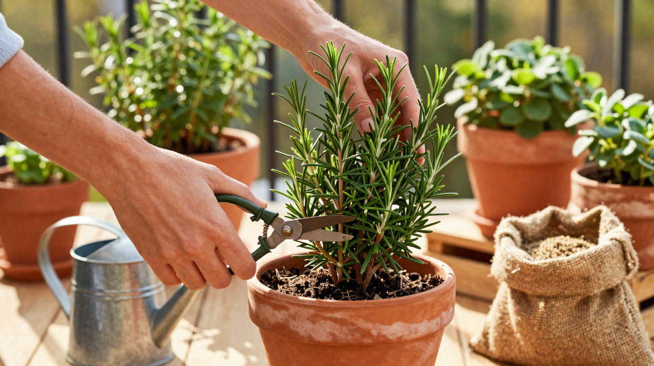 Person pruning a rosemary plant in a terracotta pot with gardening tools and other potted plants nearby.