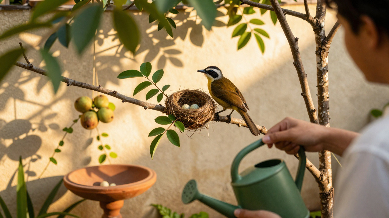 Small bird perched on a branch beside a nest with eggs while a person waters plants nearby