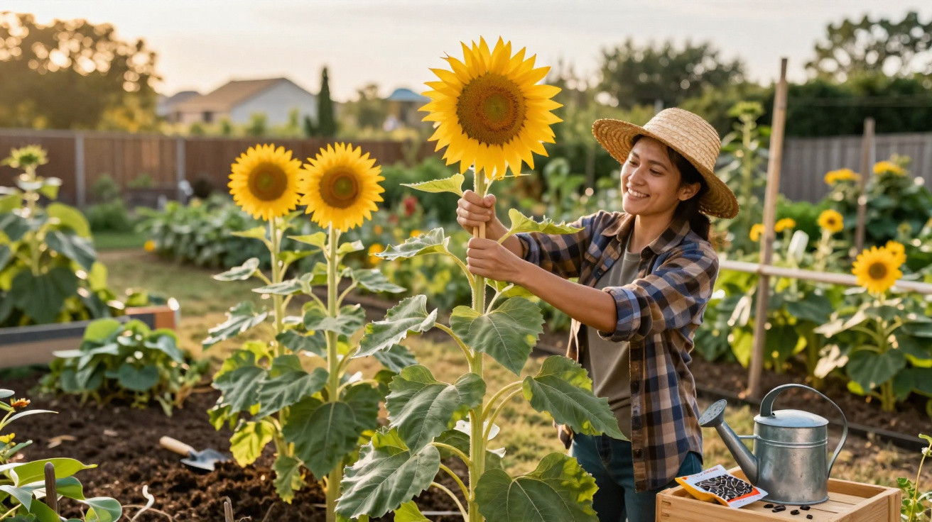 Woman in a straw hat tending to tall sunflowers in a garden at sunset with gardening tools nearby.