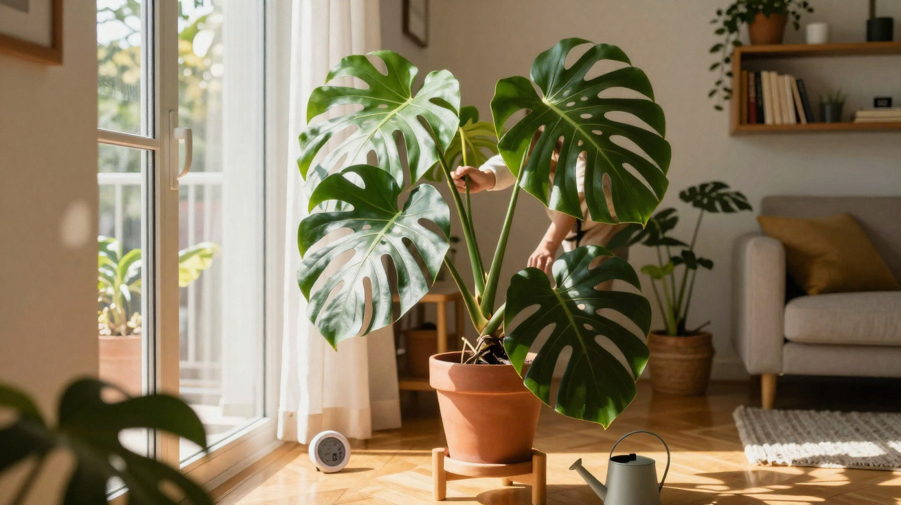 Person watering a large monstera plant in a sunlit living room with wooden floors and a grey sofa.
