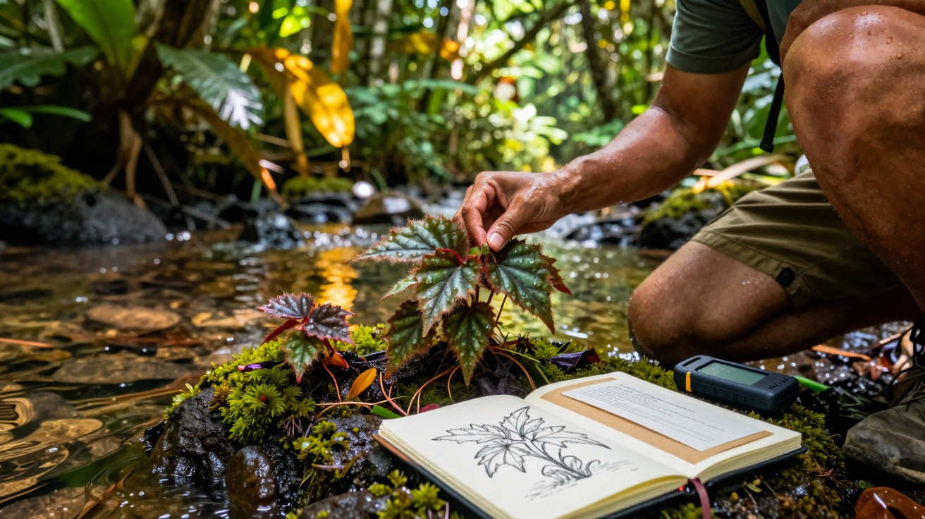 Person examining a leaf beside a notebook with a plant sketch, in a shallow forest stream.