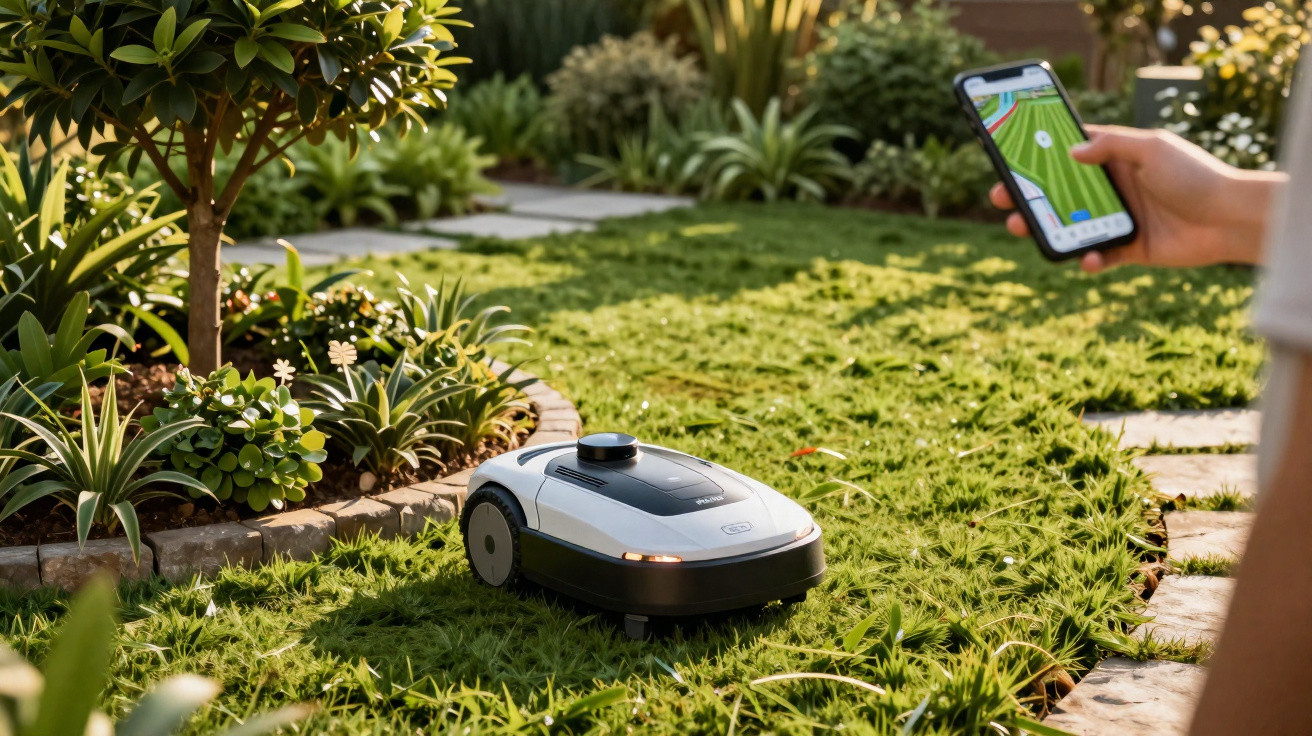 Robot lawn mower cutting grass in a garden controlled by smartphone app in a sunny backyard.