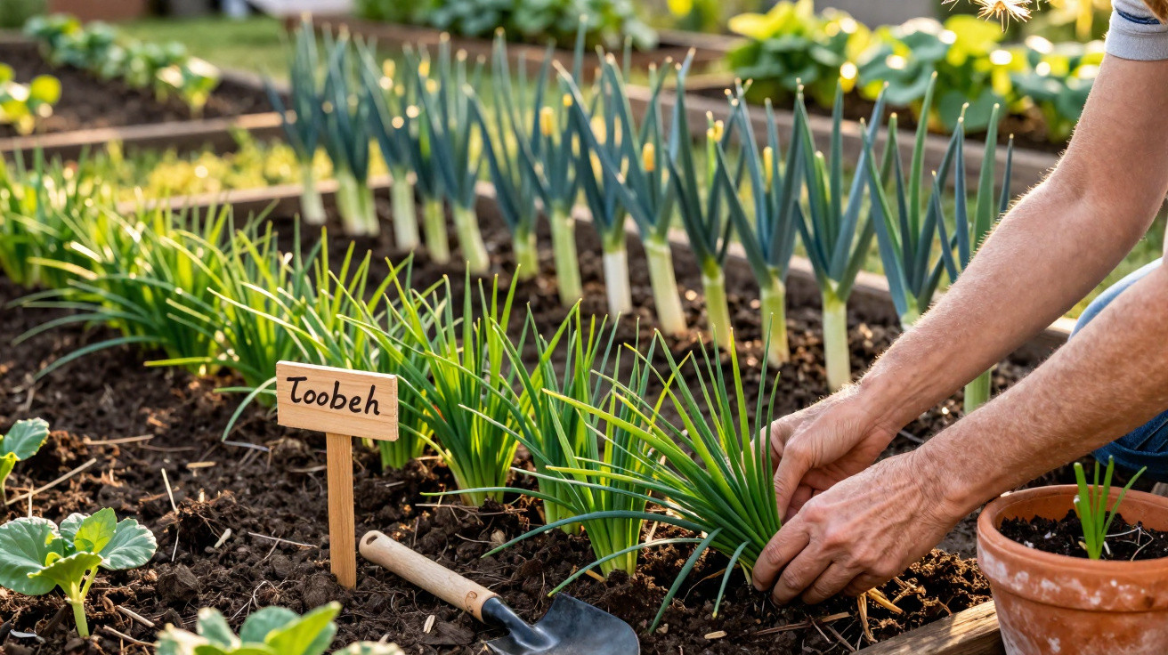Person planting spring onions labelled "Toobeh" in a raised garden bed with a trowel nearby.