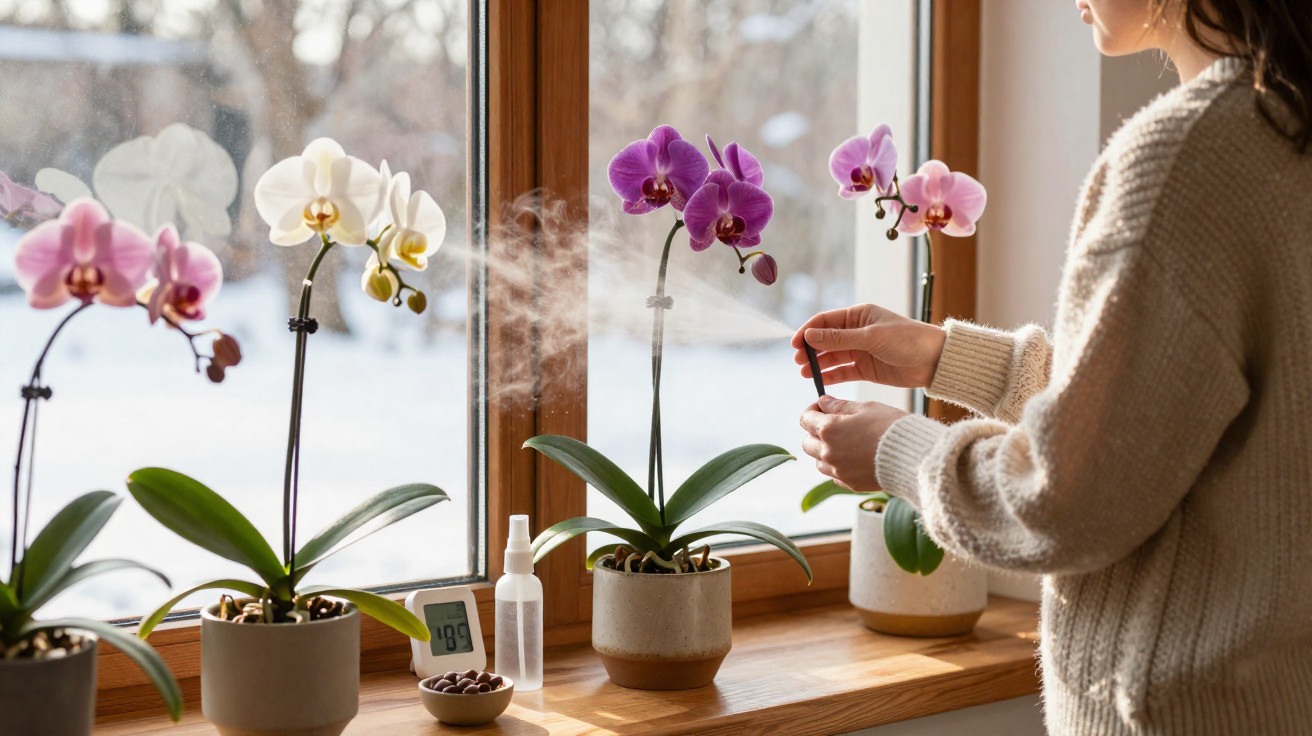 Person in cosy sweater tending potted orchids on a sunny windowsill with a snowy garden outside.
