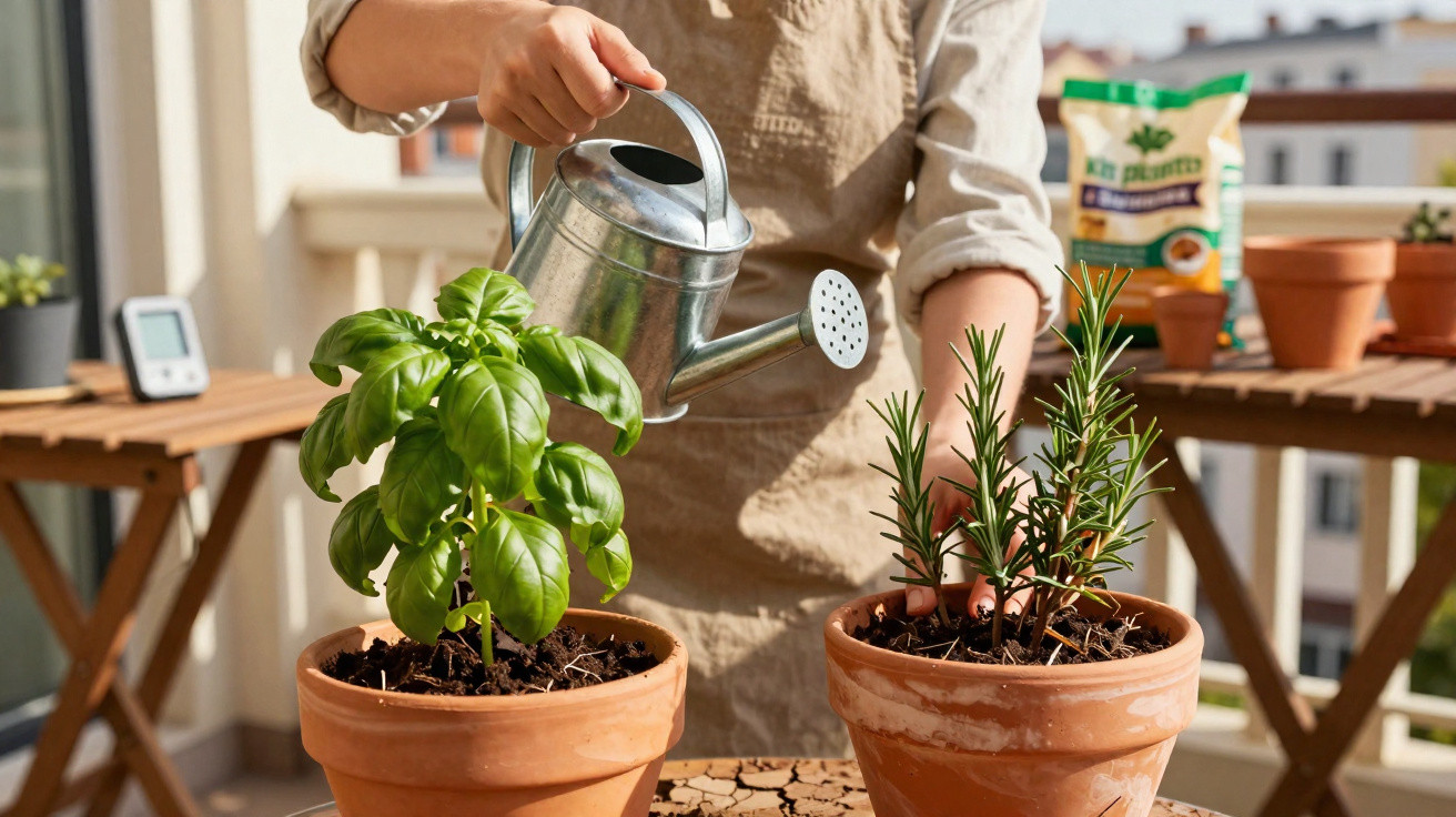 Person watering basil and rosemary plants in terracotta pots on a balcony garden with sunlight.