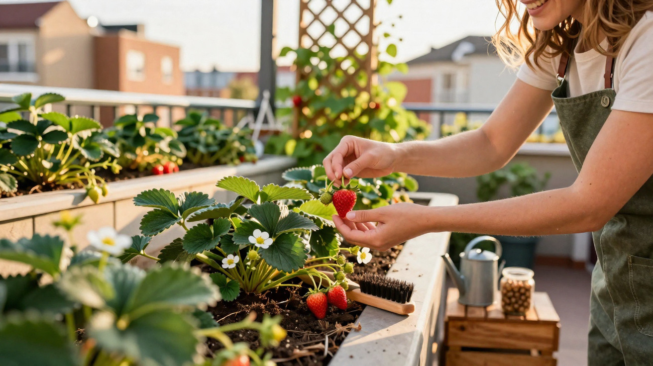 Person picking ripe strawberries from a rooftop garden with green leaves and white flowers in sunlight.