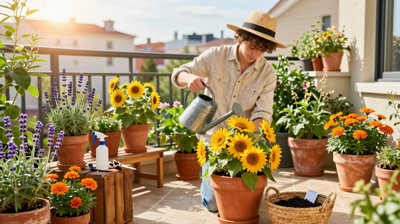 Young person in a hat watering sunflowers on a bright balcony filled with various potted plants.