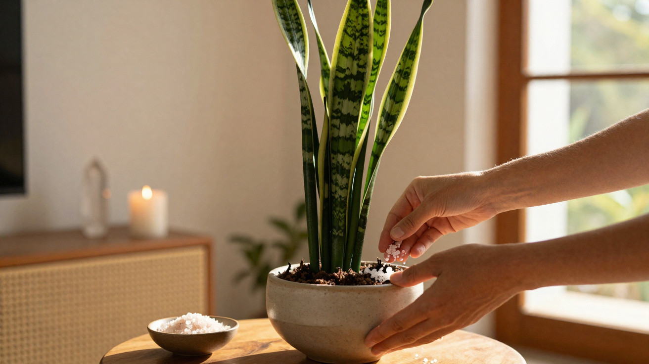 Hands sprinkling white crystals onto soil in a potted snake plant on a wooden table near a window.