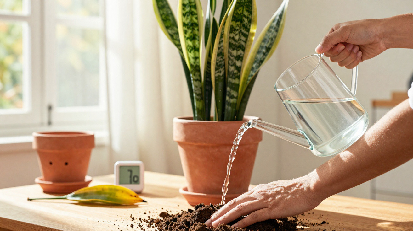 Person watering soil on a wooden table next to potted snake plant by a window with sunlight.