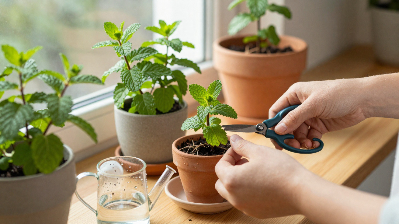 Hands trimming a small mint plant in a terracotta pot on a windowsill with other potted plants and a watering can nearby.