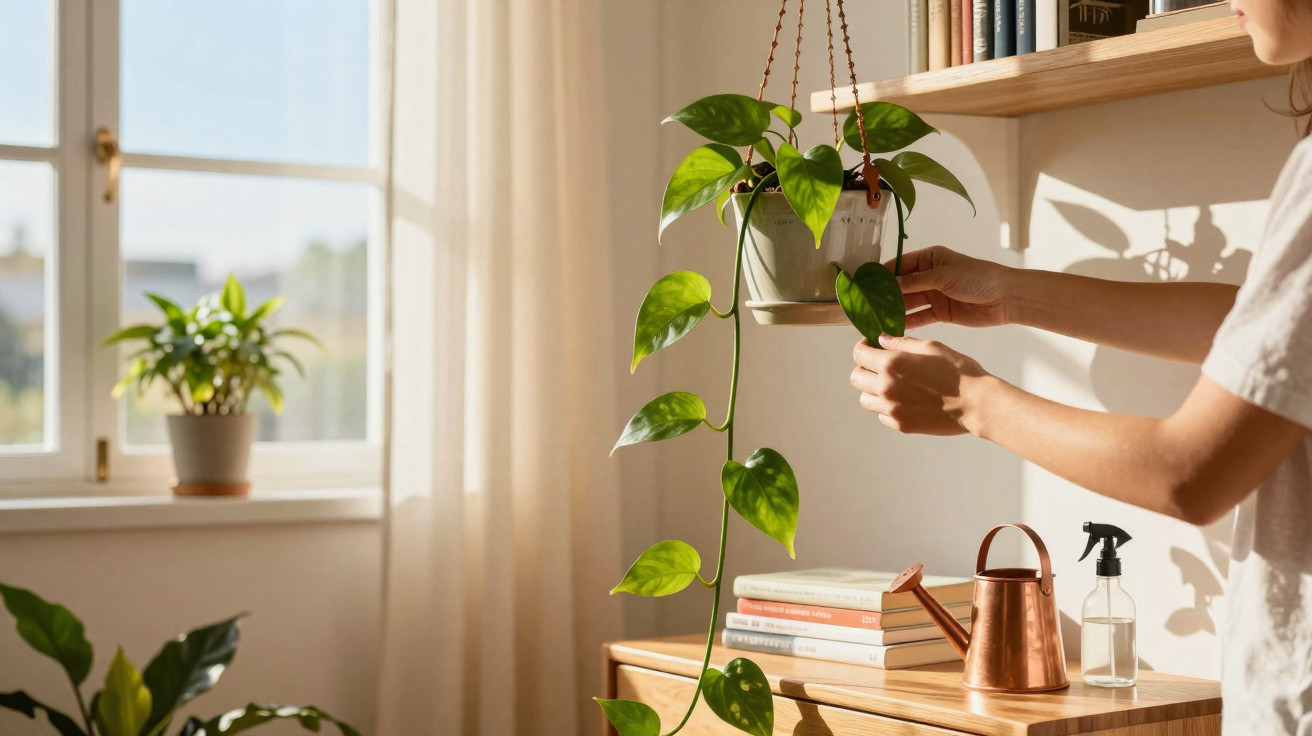 Person caring for a hanging pothos plant near a window with sunlight, books, and watering tools on a wooden table.