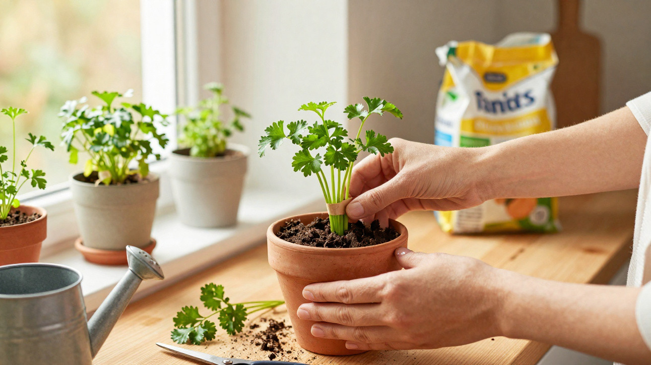 Hands planting fresh coriander in a terracotta pot on a wooden table by a window with potted herbs.
