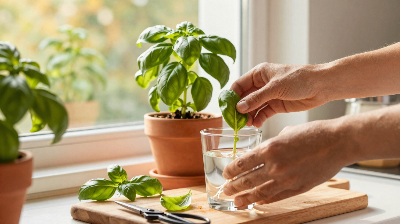 Hands placing a basil cutting in a glass of water on a kitchen windowsill with potted basil plants nearby.