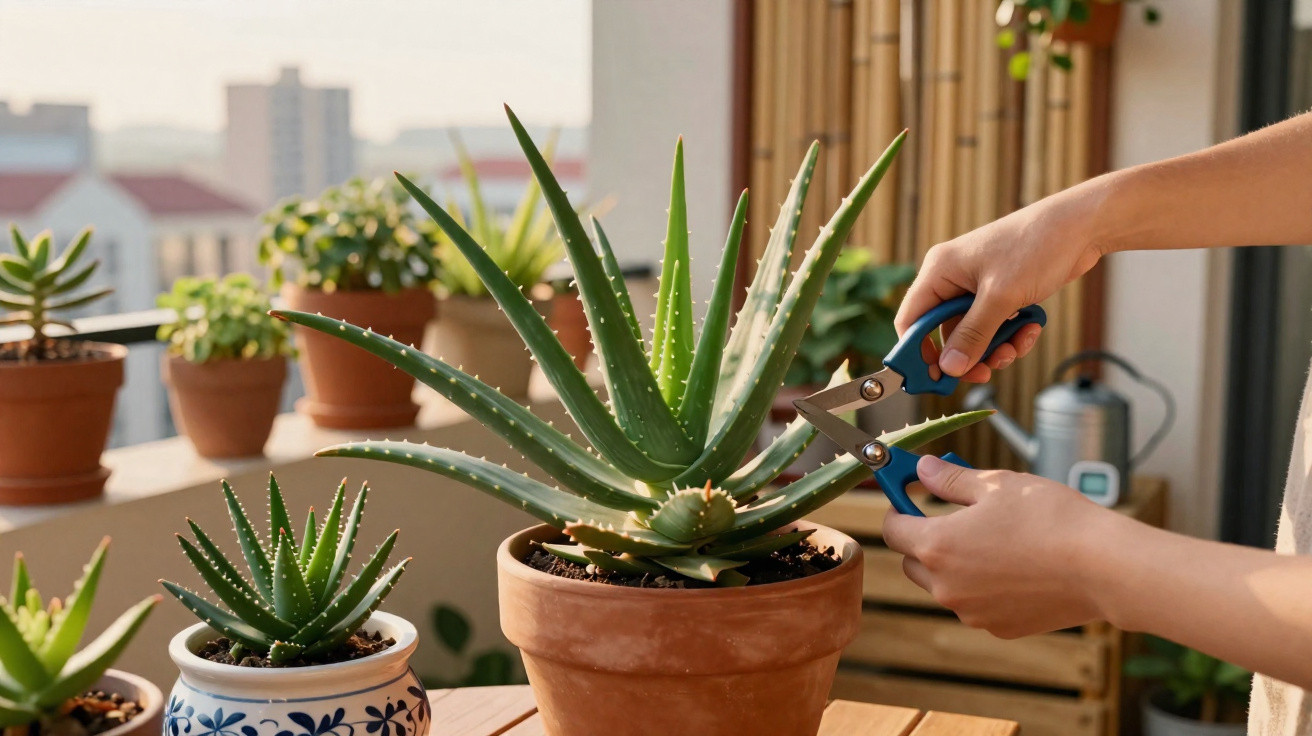 Person pruning a large aloe vera plant in a terracotta pot on a balcony with other potted succulents.