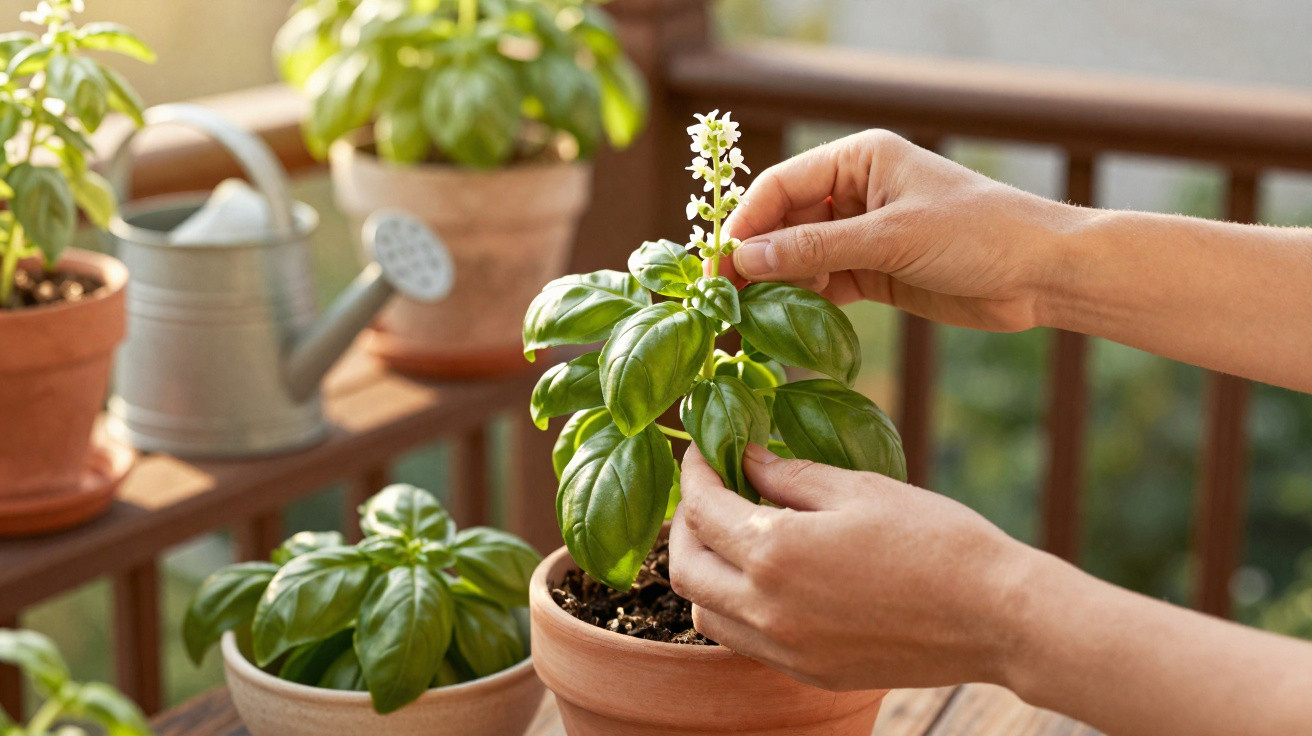 Hands tending to a flowering basil plant in a terracotta pot on a wooden garden table.