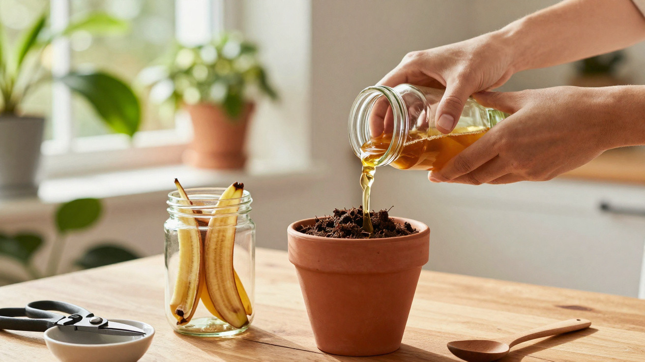Hands pouring liquid from a jar into a terracotta pot filled with soil on a wooden table.