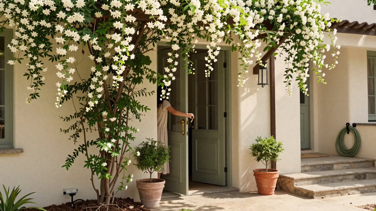 Person opening green door beneath cascading white flowers on a sunny house patio with potted plants.