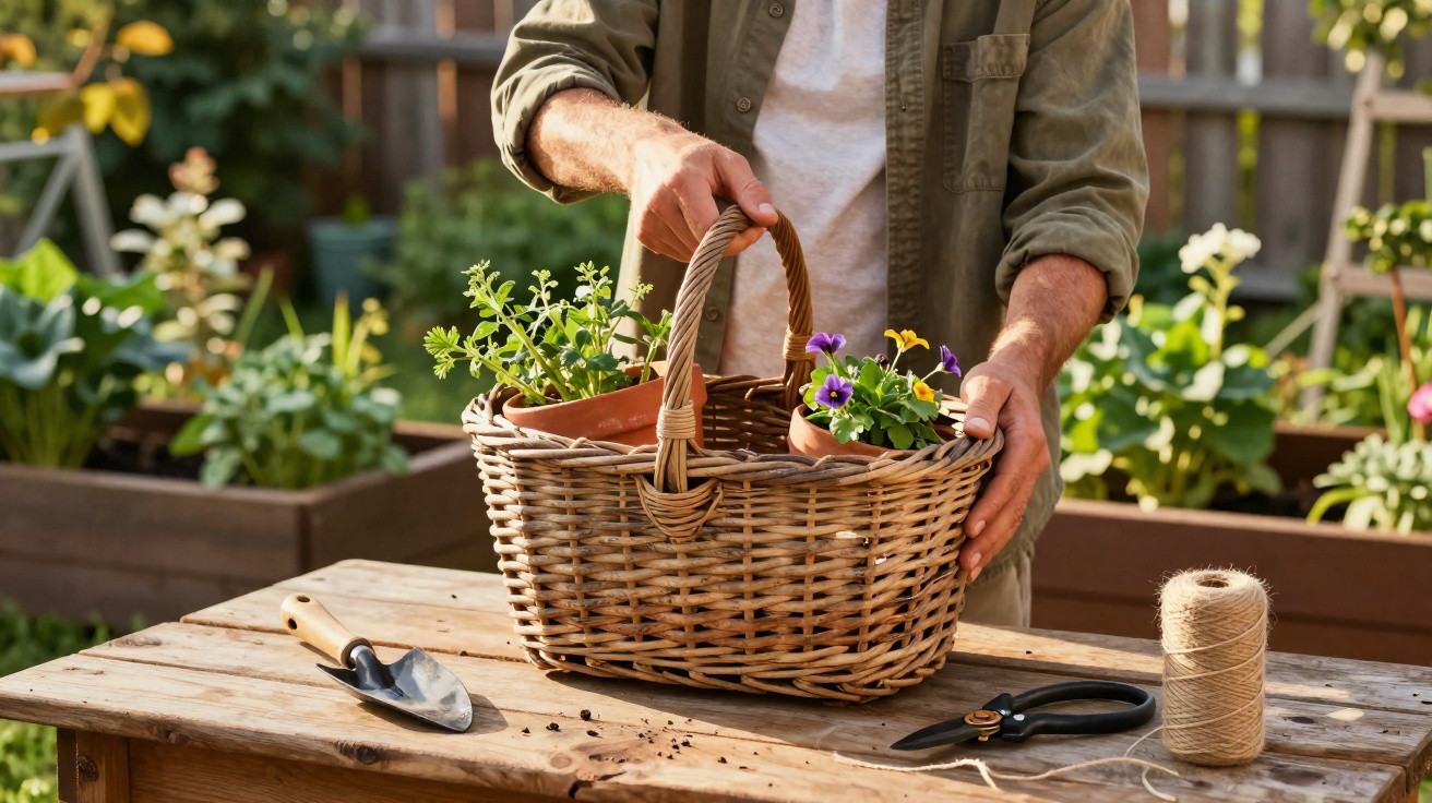 Person placing potted flowering plants into a wicker basket on a wooden table in a garden.