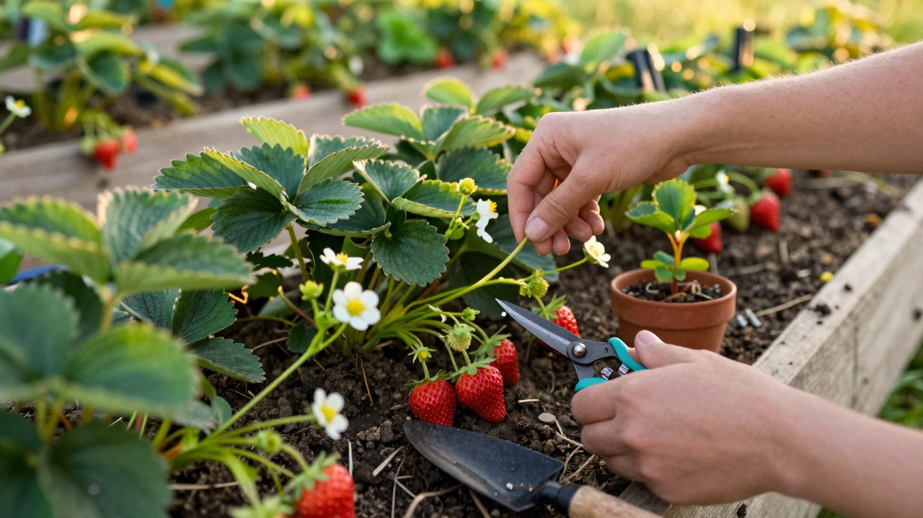 Hands pruning strawberry plant runners in a raised garden bed with ripe strawberries and gardening tools nearby.