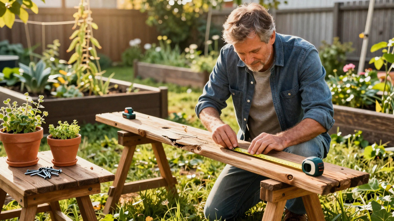 Man measuring a wooden plank outdoors in a garden with plants and screws nearby on a bench.