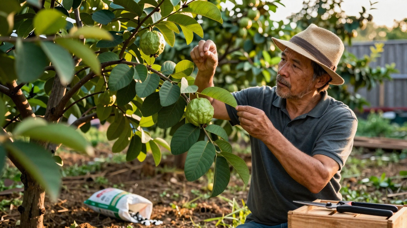 Man in a hat examining fruit on a tree in a garden with gardening tools nearby.
