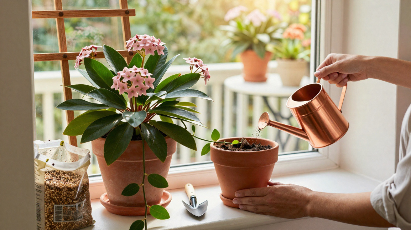 Hands watering a small potted plant by a window with a pink flowering plant and gardening tools nearby.