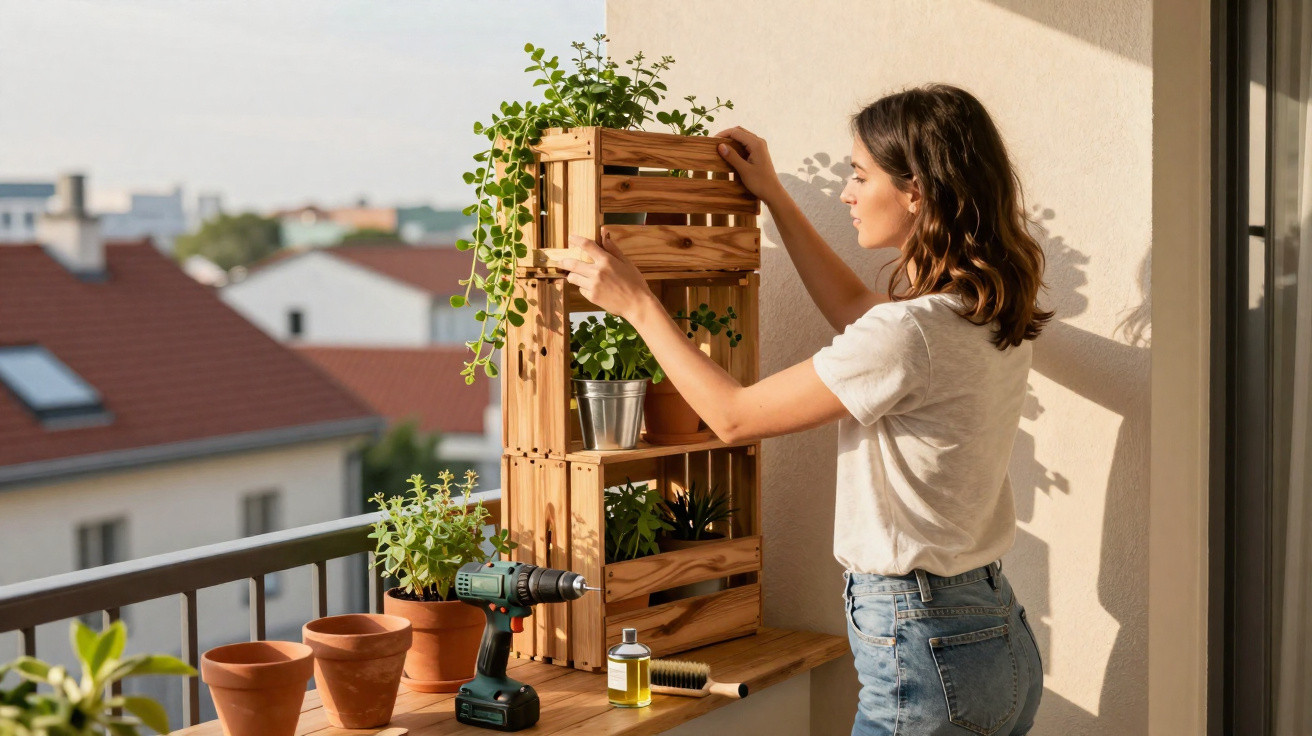 Woman arranging plants on a wooden shelf on a balcony in the sunlight with gardening tools nearby