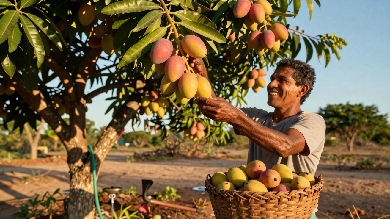 Man harvesting ripe mangoes from a tree into a basket in a sunny orchard.
