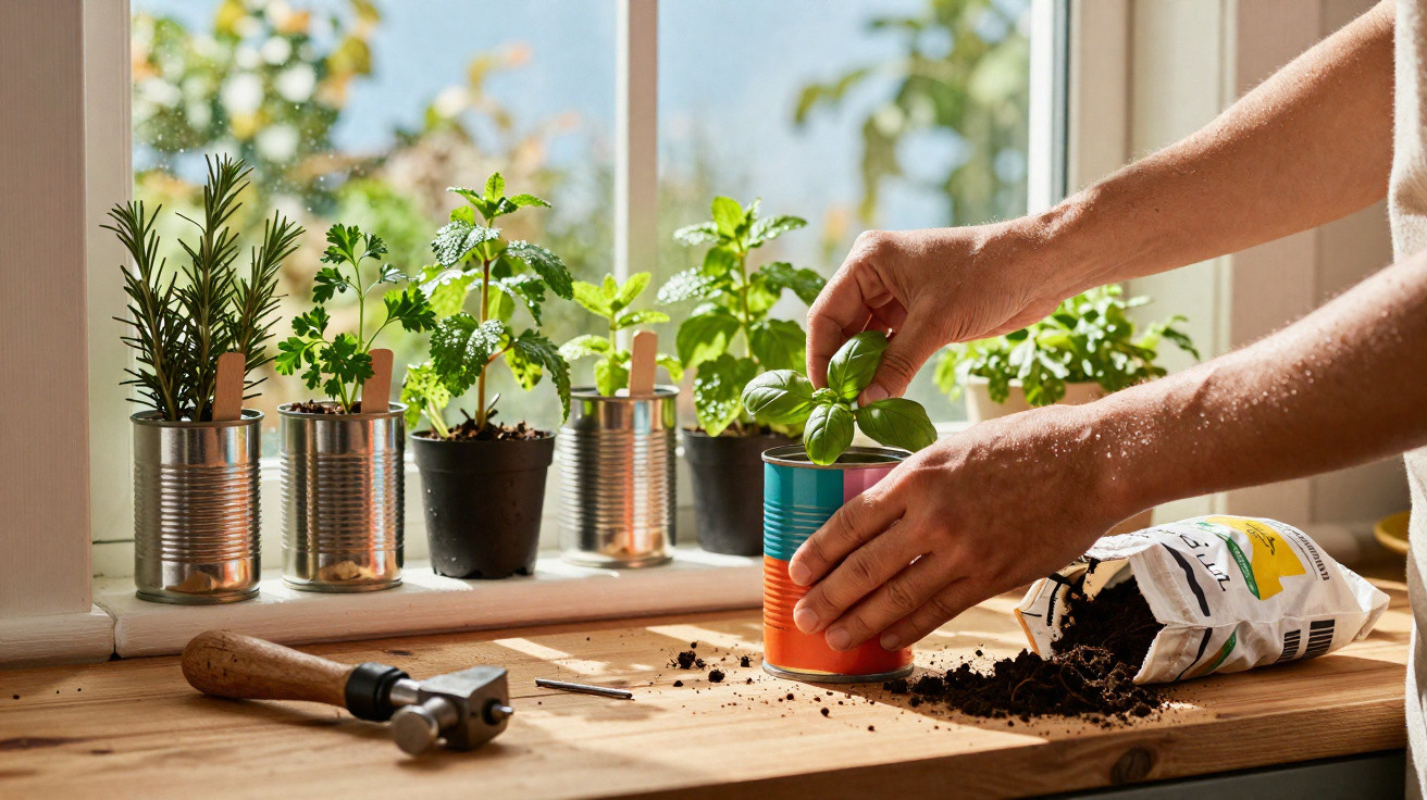Hands repotting a basil plant on a wooden windowsill with various herbs and gardening tools nearby.