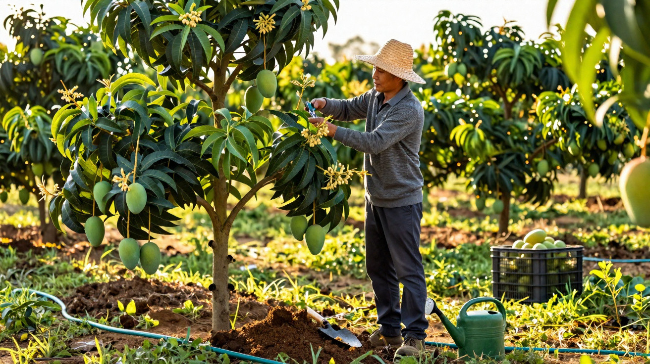 Man wearing a straw hat pruning a flowering mango tree in a sunlit orchard with ripe fruit and garden tools nearby.