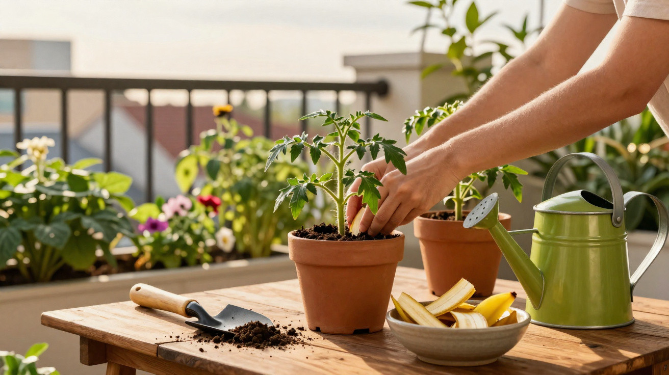 Hands tending a young tomato plant in a terracotta pot on a wooden table with gardening tools and watering can.