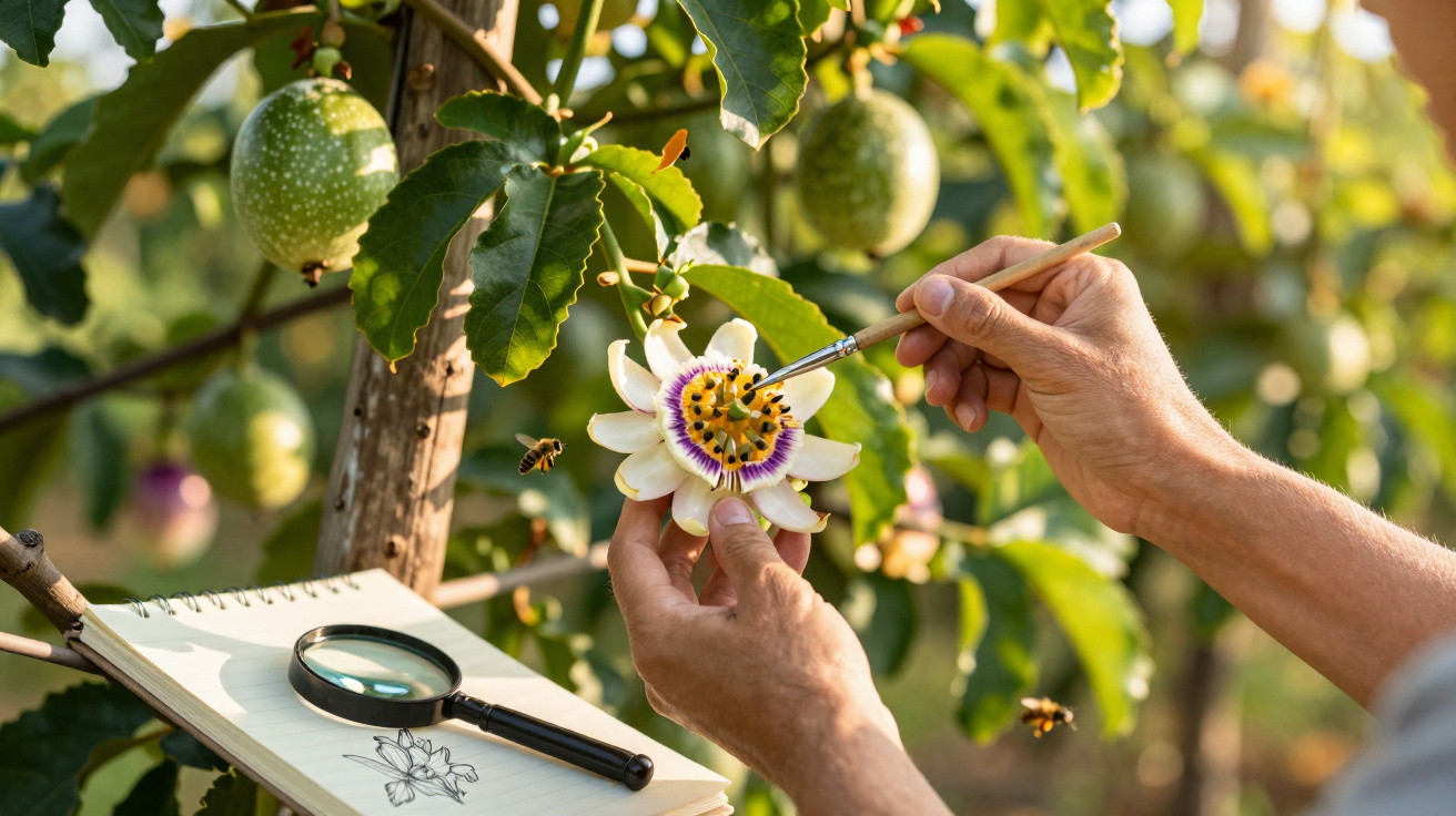Hands painting a passion fruit flower with bees flying nearby and a botanical sketchbook with magnifying glass on a branch.