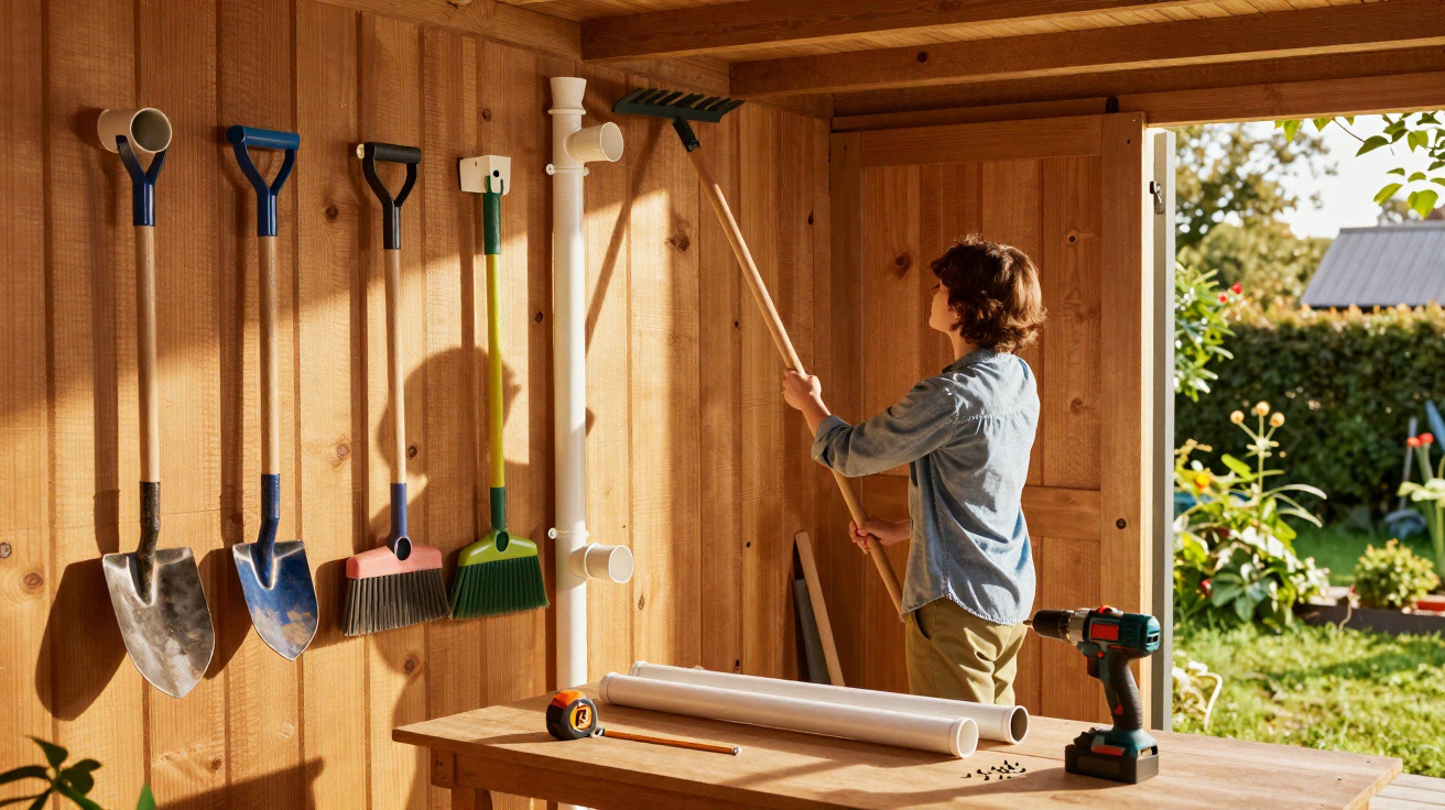 Person cleaning a wooden shed interior with a long-handled broom beside garden tools and DIY equipment.