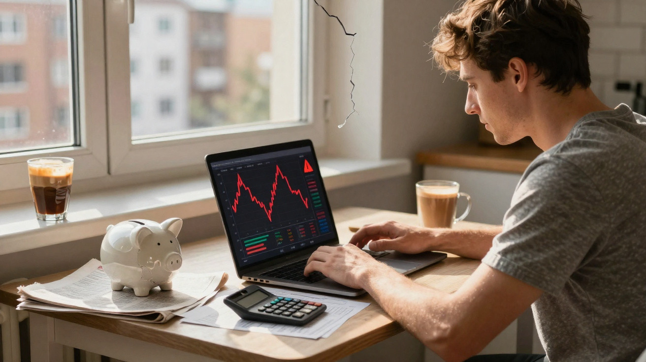 Young man analysing falling stocks on laptop at table with calculator, papers, piggy bank, and coffee.