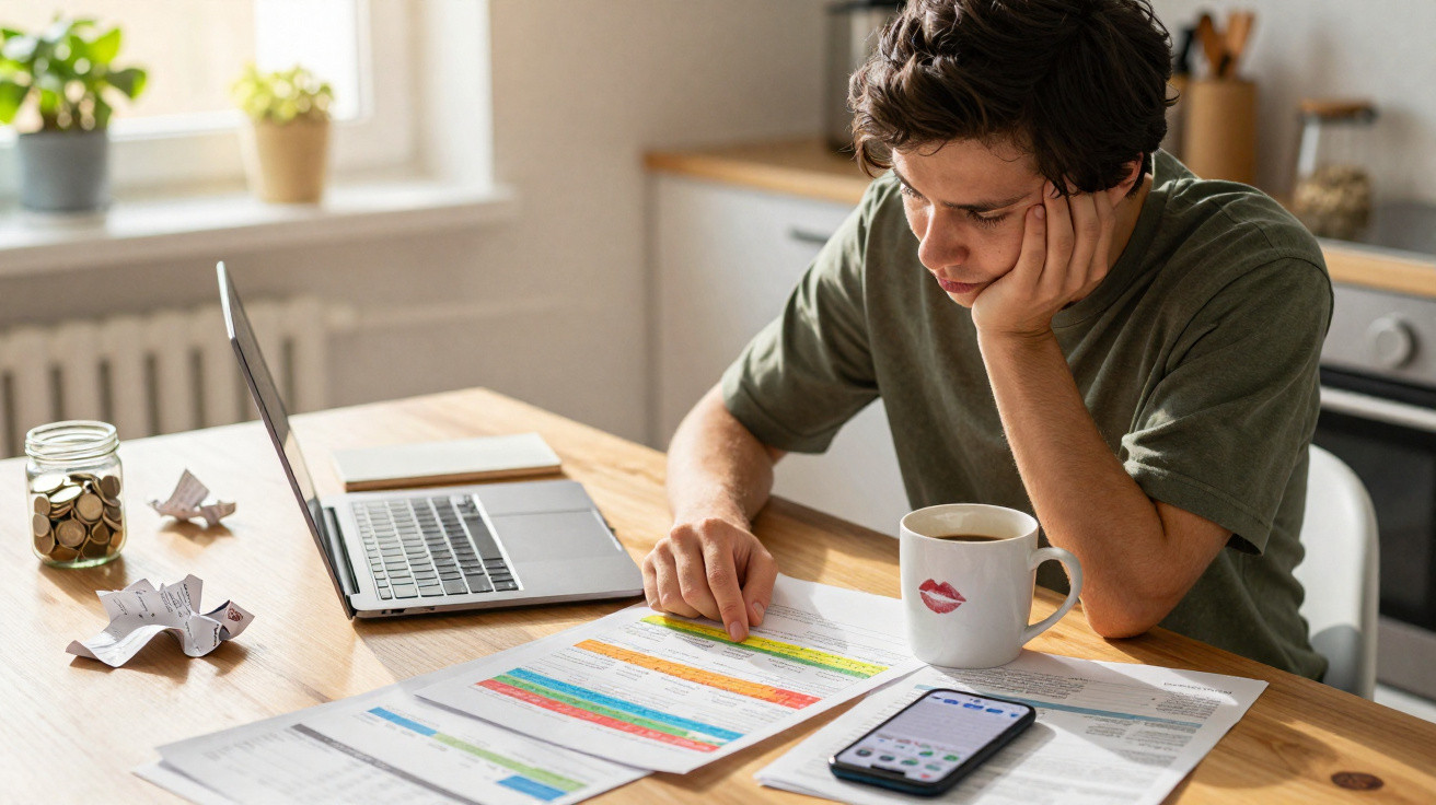Young man reviewing colour-coded documents at a wooden table with laptop, phone, receipt jar, and coffee mug.