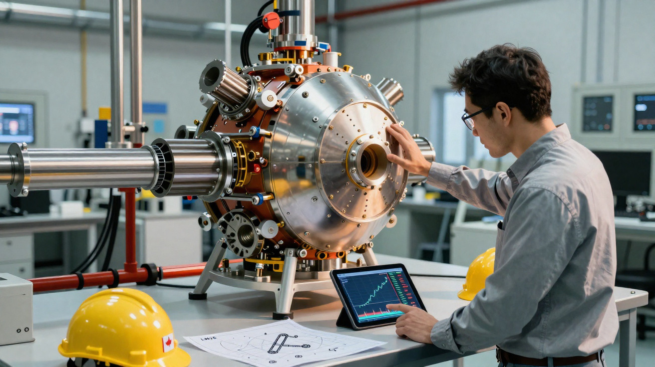 Engineer inspecting advanced scientific equipment with tablet displaying data and technical drawings on table in lab.