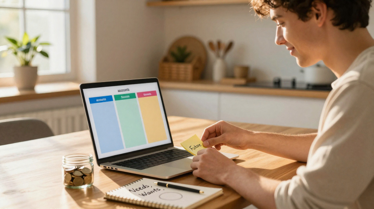 Person organising finances on a laptop with a jar of coins and a notebook labelled Needs Wants on a wooden table.