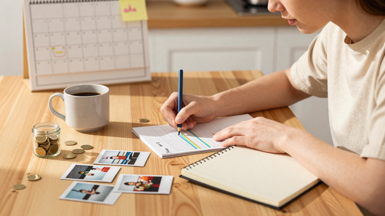 Person planning a budget with charts, photos, coins, and a cup of coffee on a wooden table.