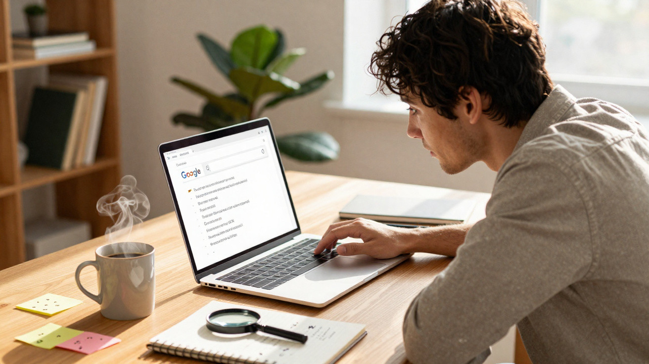 Young man using laptop with Google search open at a wooden desk with coffee and stationery nearby