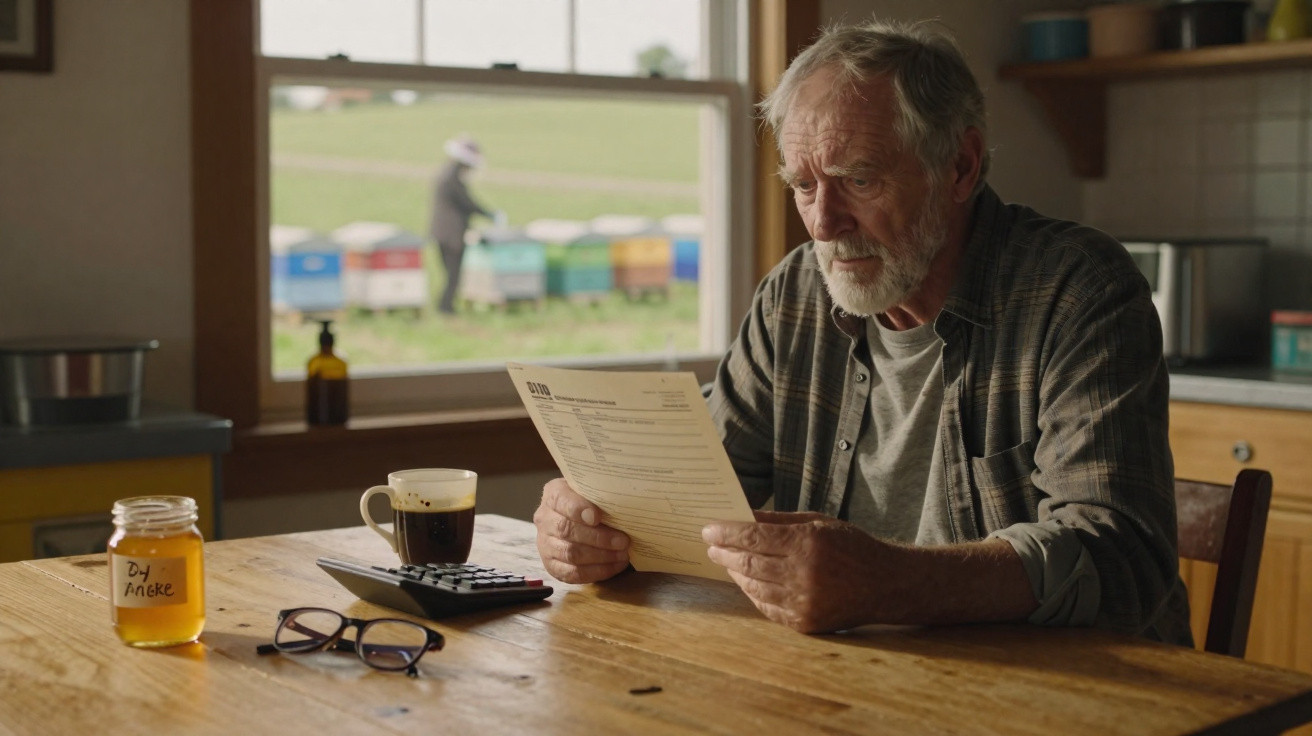 Elderly man reading a document at a wooden table with honey jar, coffee, glasses, and calculator in a kitchen.
