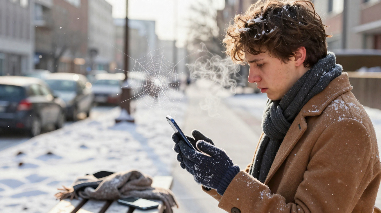 Young man wearing gloves and a coat checking his phone on a snowy city street with visible breath.