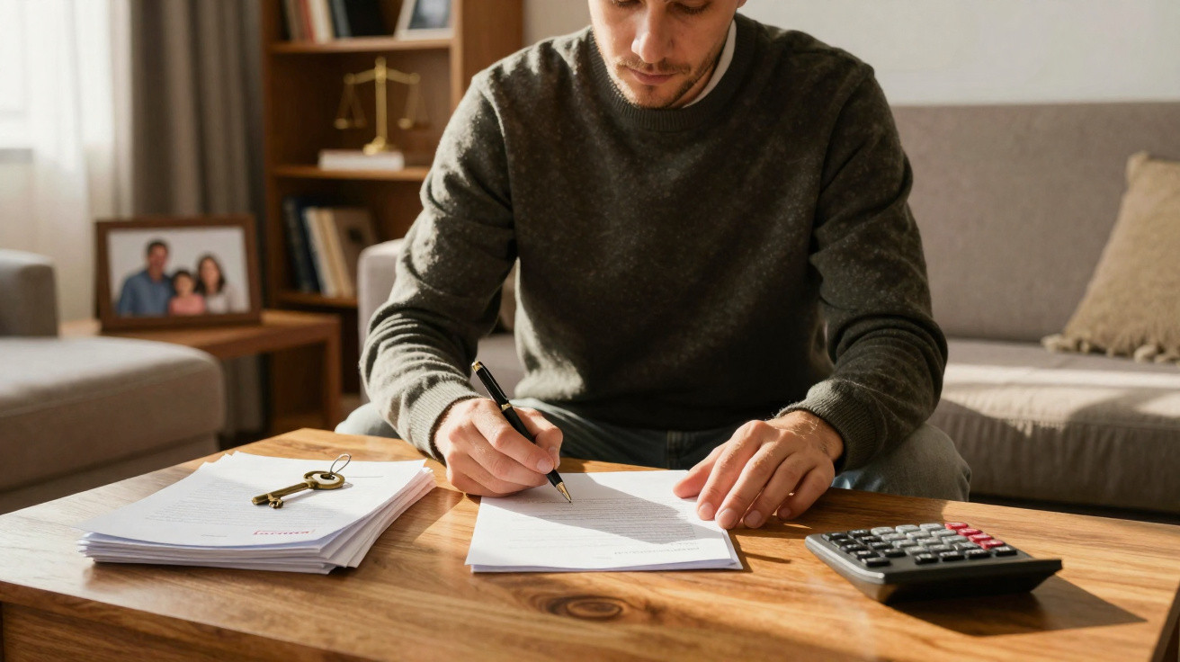 Man sitting at a table signing documents with keys, papers, and a calculator nearby in a living room setting.